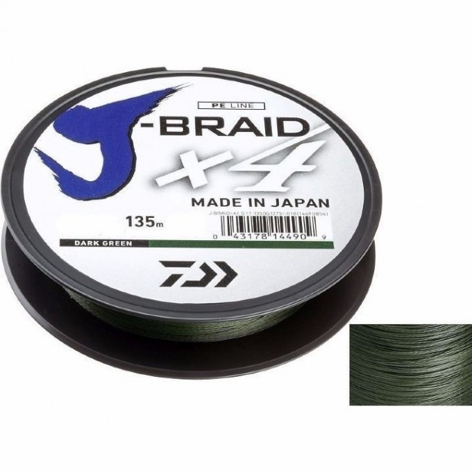 Шнур DAIWA J-Braid X4 0,10мм 135м Dark green 12741-010 Шнур DAIWA J-Braid X4 0,10мм 135м Dark green 12741-010