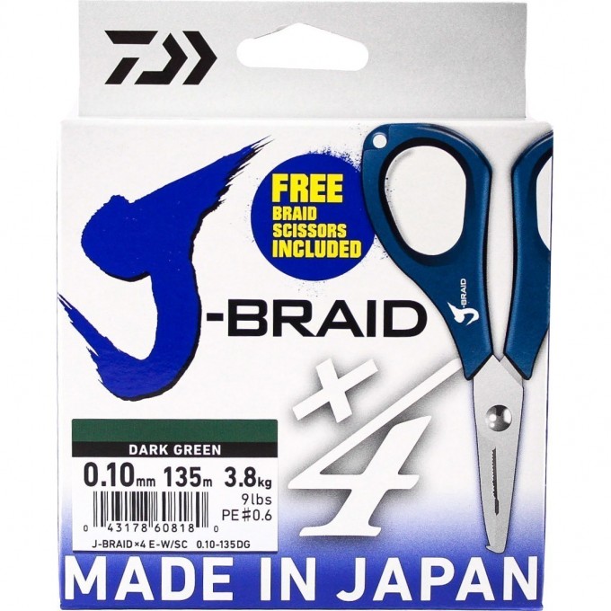 Шнур DAIWA J-Braid X4E-W/SC 0,10мм 135м dark green + ножницы 40002815 Шнур DAIWA J-Braid X4E-W/SC 0,10мм 135м dark green + ножницы 40002815