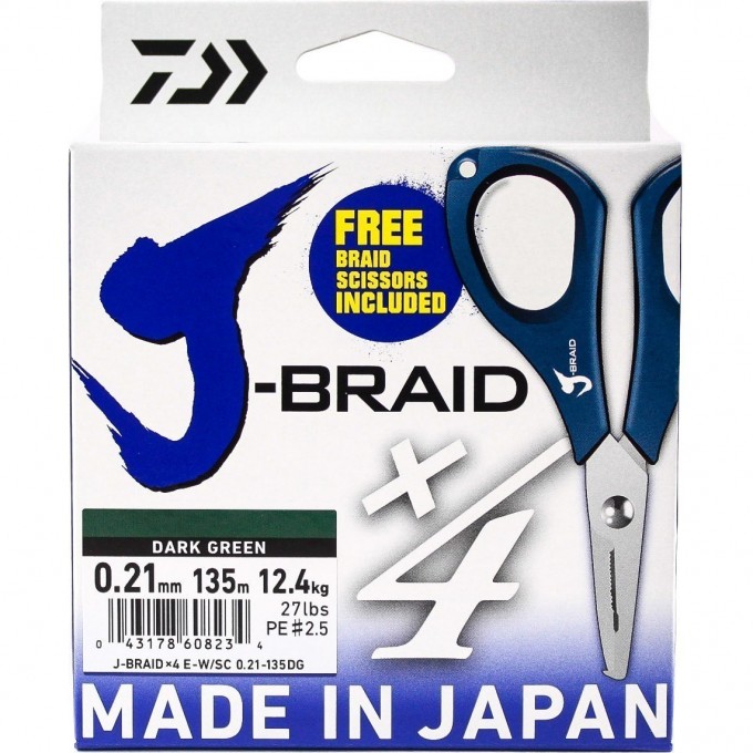 Шнур DAIWA J-Braid X4E-W/SC 0,21мм 135м dark green + ножницы 40002820 Шнур DAIWA J-Braid X4E-W/SC 0,21мм 135м dark green + ножницы 40002820