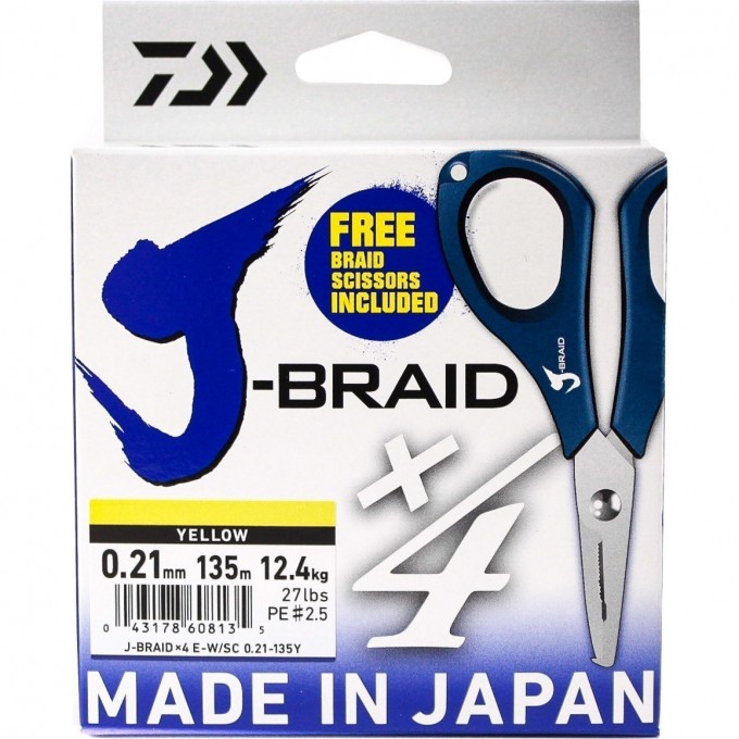 Шнур DAIWA J-Braid X4E-W/SC 0,21мм 135м желтый + ножницы 40002810 Шнур DAIWA J-Braid X4E-W/SC 0,21мм 135м желтый + ножницы 40002810