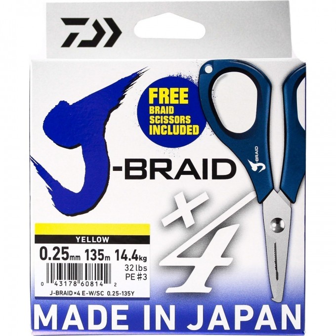 Шнур DAIWA J-Braid X4E-W/SC 0,25мм 135м желтый + ножницы 40002811 Шнур DAIWA J-Braid X4E-W/SC 0,25мм 135м желтый + ножницы 40002811