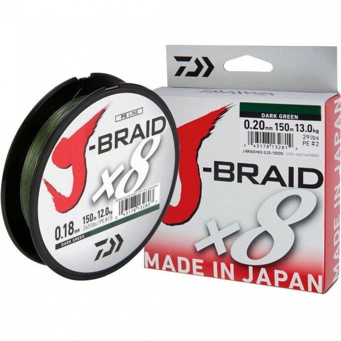 Шнур DAIWA J-Braid X8 0,22мм 150м dark green 12751-022 Шнур DAIWA J-Braid X8 0,22мм 150м dark green 12751-022