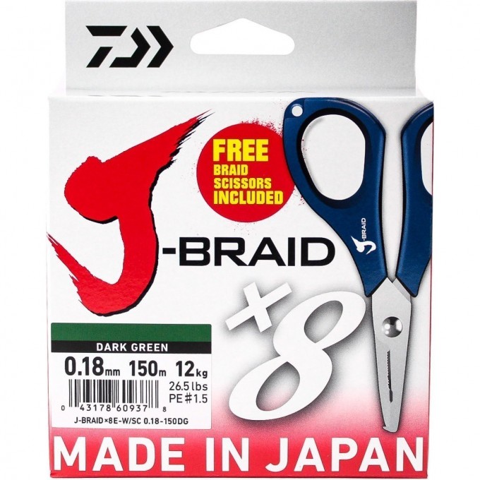 Шнур DAIWA J-Braid X8E-W/SC 0,18мм 150м dark green + ножницы 40002954 Шнур DAIWA J-Braid X8E-W/SC 0,18мм 150м dark green + ножницы 40002954
