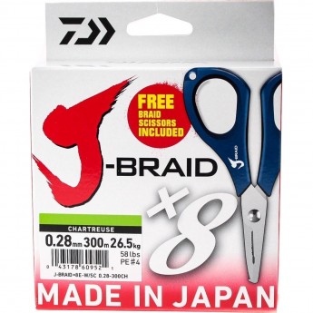 Шнур DAIWA J-Braid X8E-W/SC 0,28мм 300м chartreuse + ножницы